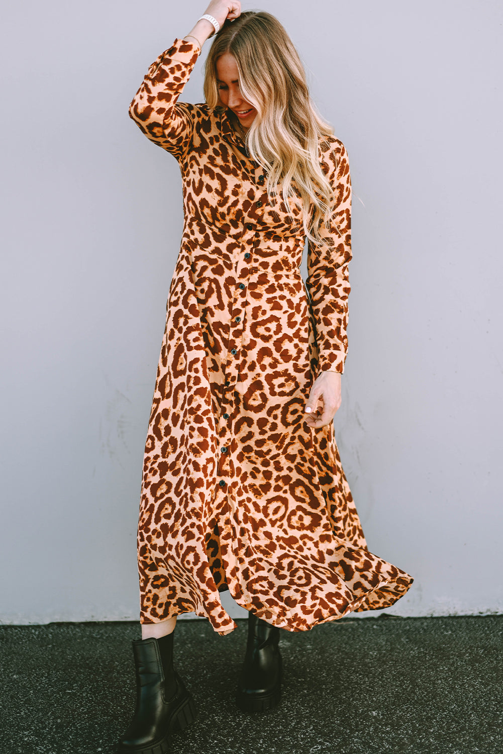 Leopard Button-Up Long Sleeve Maxi Dress