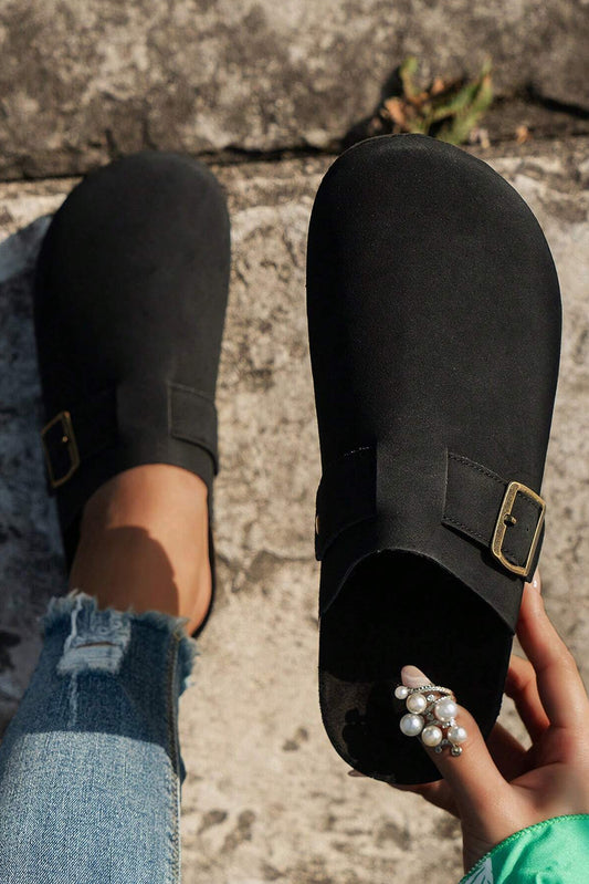 Black Suede Buckle Detail Slippers