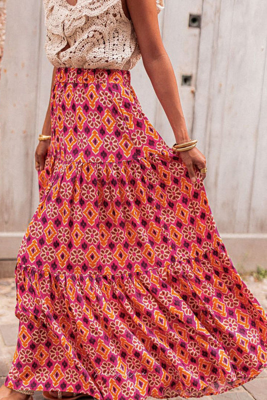 Rose Vintage Boho Floral Print Tiered Maxi Skirt