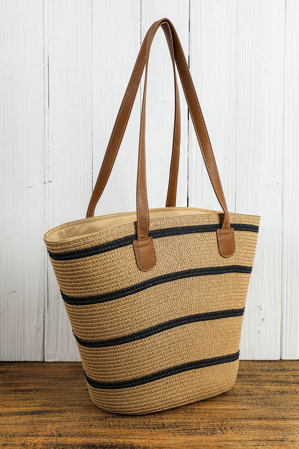 Black Straw Woven Striped Vacation One Shoulder Bag