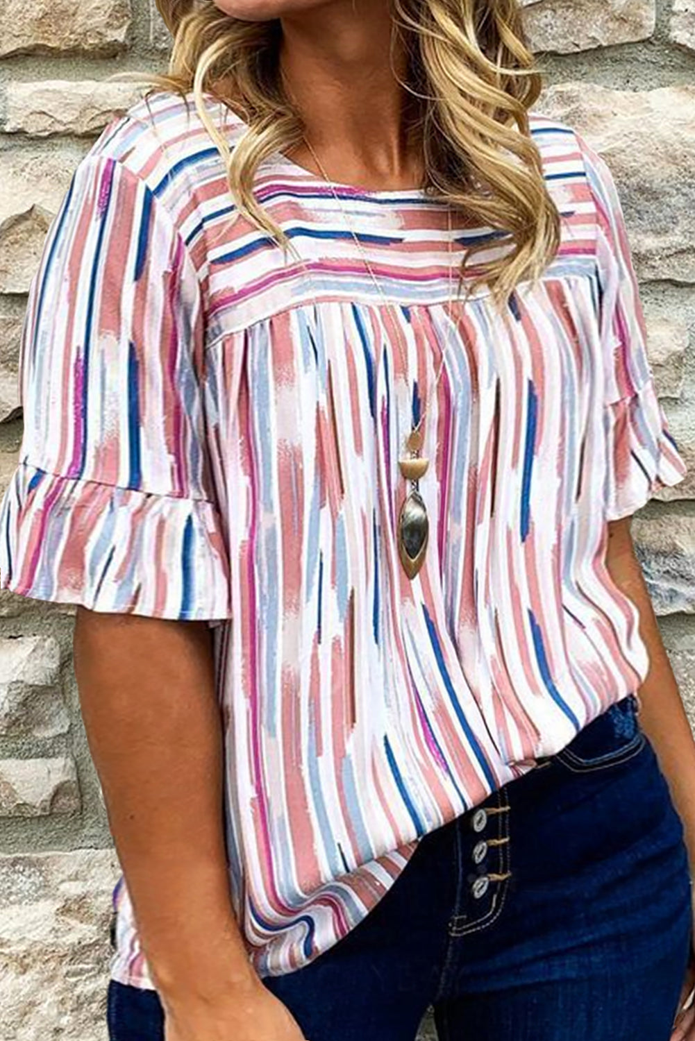 White Stripe Ruffled Short Sleeve Plus Size Blouse