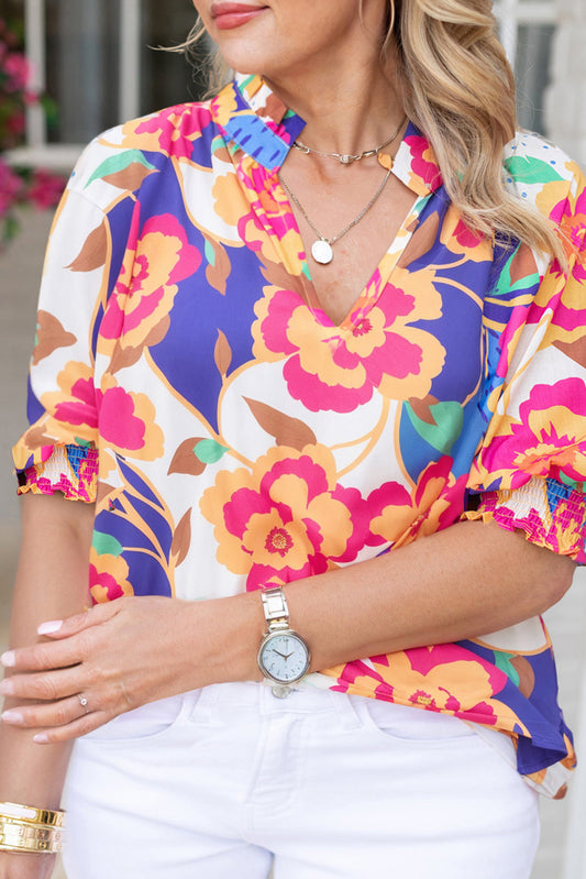 Rose Red Floral Print Split Neck Short Puff Sleeve Plus Blouse