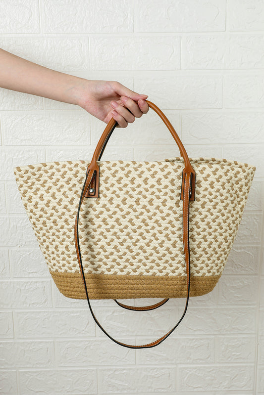 Beige Contrast Woven Leather Handle Single Shoulder Bag