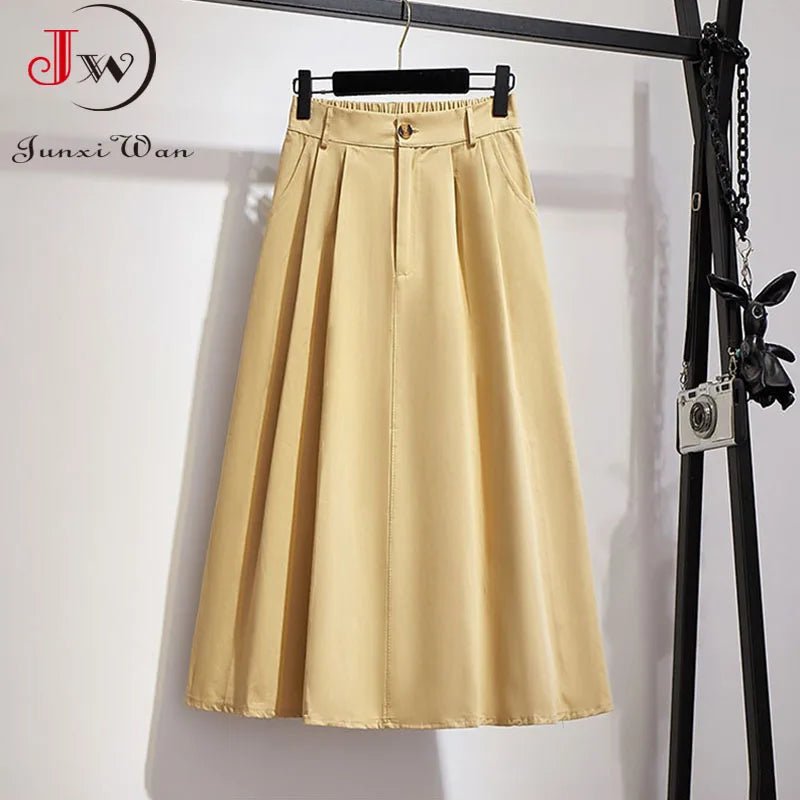 Women Cotton Skirt 2022 Spring Summer Preppy Style Solid Casual Elegant Pocket Elastic High Waist A-Line Midi Skirts Faldas