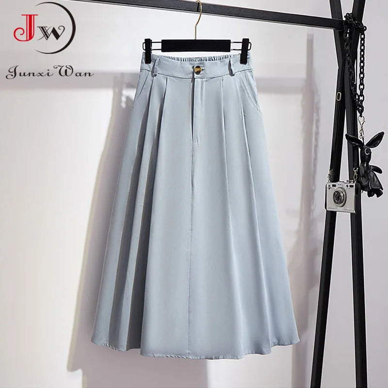 Women Cotton Skirt 2022 Spring Summer Preppy Style Solid Casual Elegant Pocket Elastic High Waist A-Line Midi Skirts Faldas