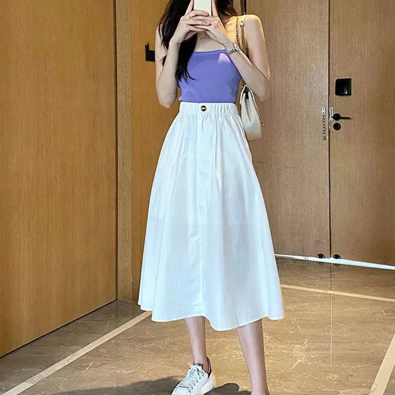 Women Cotton Skirt 2022 Spring Summer Preppy Style Solid Casual Elegant Pocket Elastic High Waist A-Line Midi Skirts Faldas