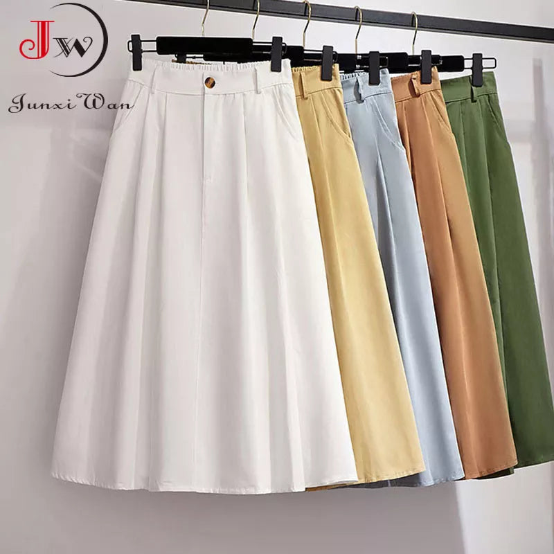 Women Cotton Skirt 2022 Spring Summer Preppy Style Solid Casual Elegant Pocket Elastic High Waist A-Line Midi Skirts Faldas