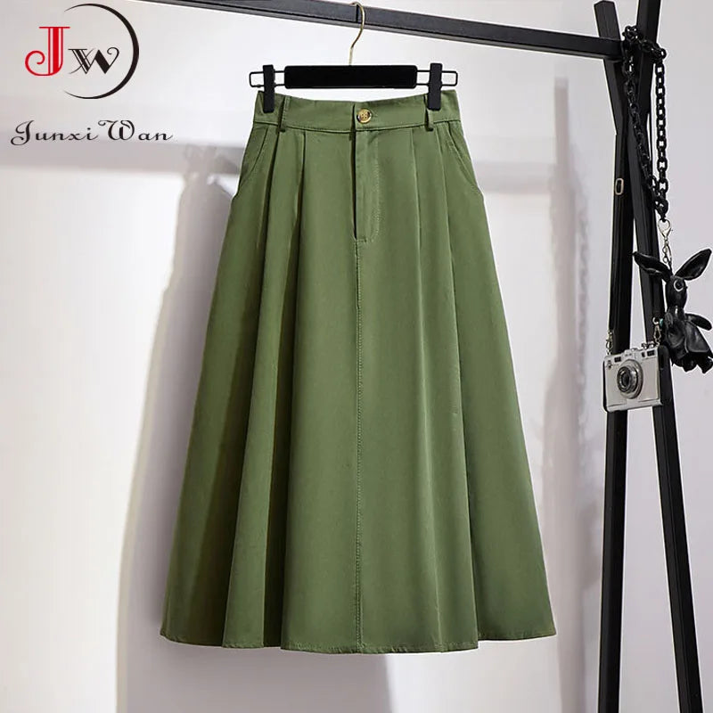 Women Cotton Skirt 2022 Spring Summer Preppy Style Solid Casual Elegant Pocket Elastic High Waist A-Line Midi Skirts Faldas