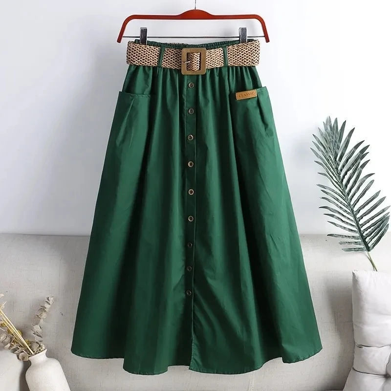 Belted Elastic Waist Cotton Summer Skirts Mid Length A-Line Skirt