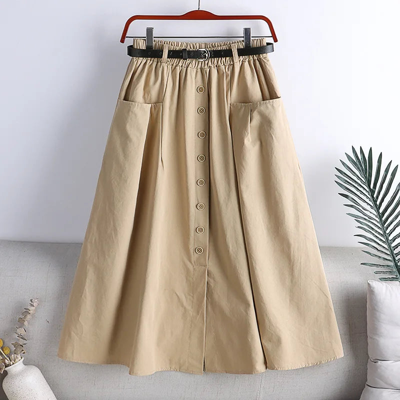 Cotton Single Breasted Skirt Women Spring 2024 Autumn Fashion High Waist Pleated Skirt Female A Line Skirt With Belt