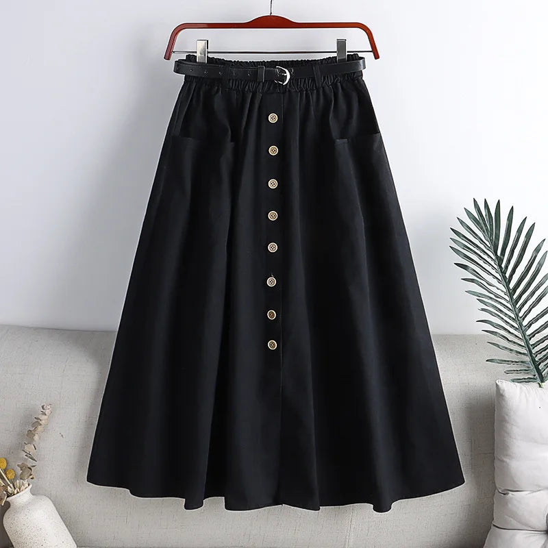 Cotton Single Breasted Skirt Women Spring 2024 Autumn Fashion High Waist Pleated Skirt Female A Line Skirt With Belt