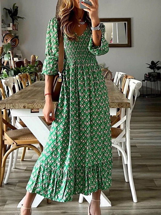 Fashion Chic V Neck Spring Summer Maxi Dress Loose Casual Ruffle A-Line Dress Elegant Floral Print Half Sleeve Women Long Dress