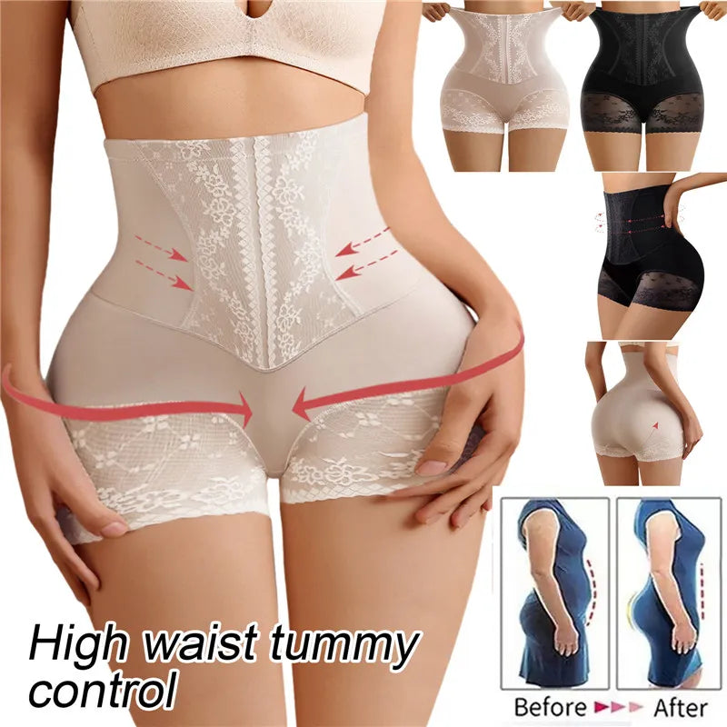 Women High Waist Control Panties Seamless Shapewear Briefs With Lace Slimming Shorts