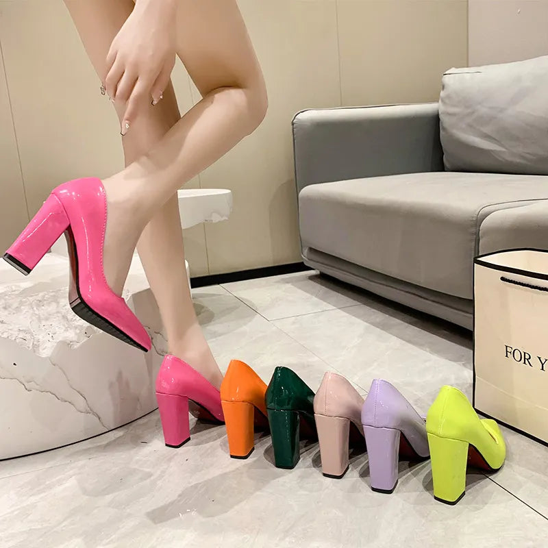 2023 Shoes Thick Heel Woman Pumps Candy Color Women Heels Office Shoes Pointed Toe High Heels Wedding Shoes Female Heel Shoes