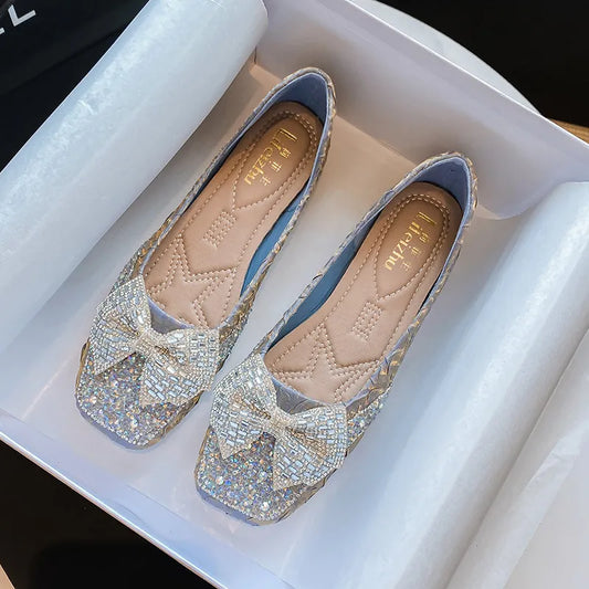 square toe crystal bow flats