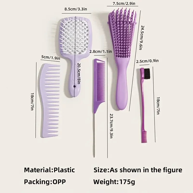 5 Pcs Detangling Brush Set Scalp Massage Hair Comb Dual Edge Brush Styling Comb Rattail Comb For Curly Detangler Hair Brush