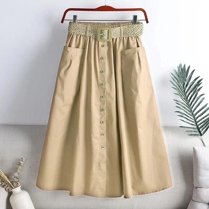 Belted Elastic Waist Cotton Summer Skirts Mid Length A-Line Skirt