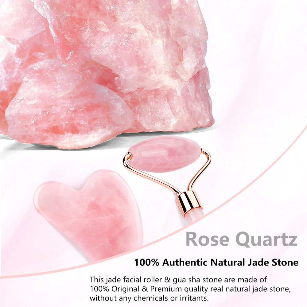 Natural Rose Quartz Jade Roller Gua Sha Set Face Lifting Beauty Massage Tools