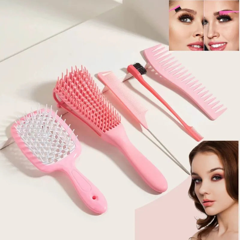 5 Pcs Detangling Brush Set Scalp Massage Hair Comb Dual Edge Brush Styling Comb Rattail Comb For Curly Detangler Hair Brush