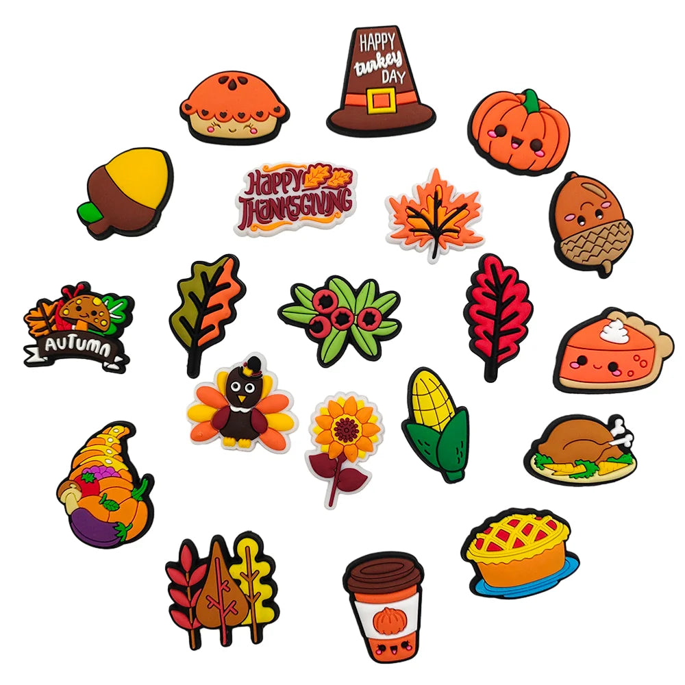 3-20Pcs ThanksGiving PVC Shoes Charms Pumpkin Corn Cake Sandals Buckle Accessories Shoe Decorations Unisex Gifts