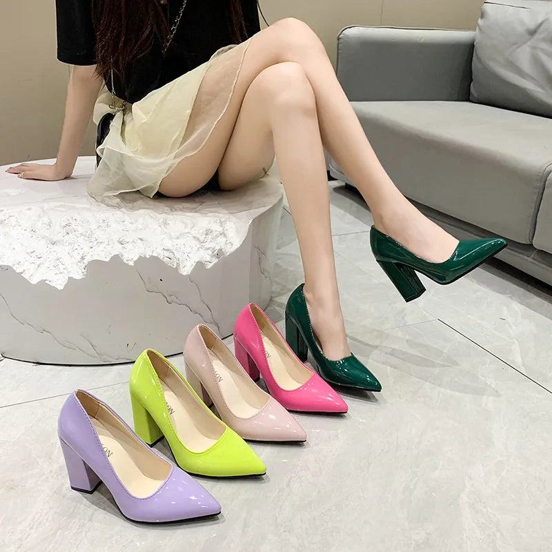 2023 Shoes Thick Heel Woman Pumps Candy Color Women Heels Office Shoes Pointed Toe High Heels Wedding Shoes Female Heel Shoes