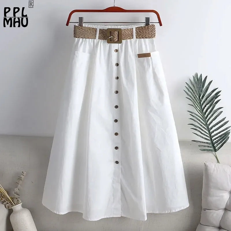 Belted Elastic Waist Cotton Summer Skirts Mid Length A-Line Skirt