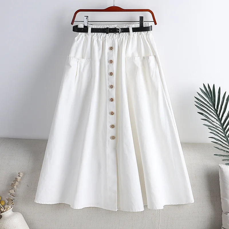 Cotton Single Breasted Skirt Women Spring 2024 Autumn Fashion High Waist Pleated Skirt Female A Line Skirt With Belt