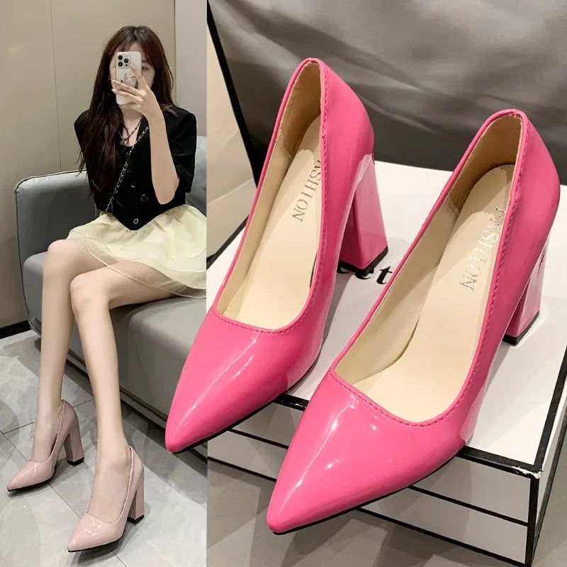 2023 Shoes Thick Heel Woman Pumps Candy Color Women Heels Office Shoes Pointed Toe High Heels Wedding Shoes Female Heel Shoes