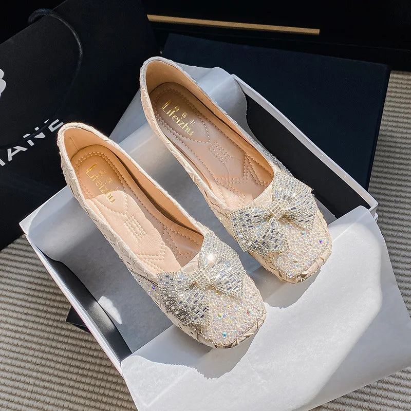 square toe crystal bow flats