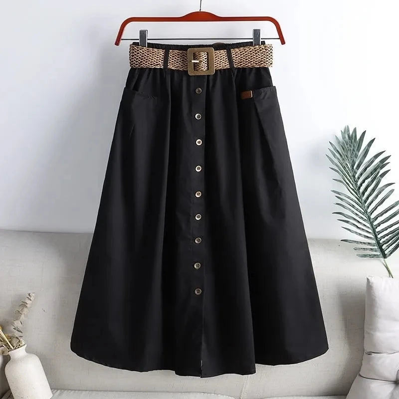 Belted Elastic Waist Cotton Summer Skirts Mid Length A-Line Skirt