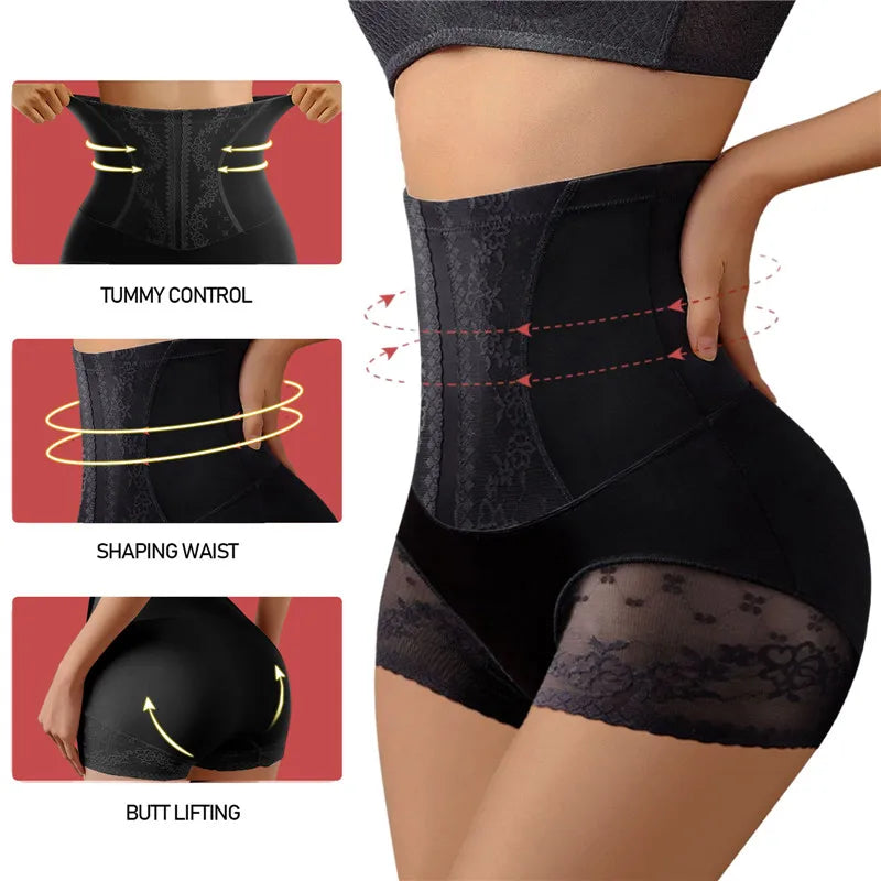 Women High Waist Control Panties Seamless Shapewear Briefs With Lace Slimming Shorts