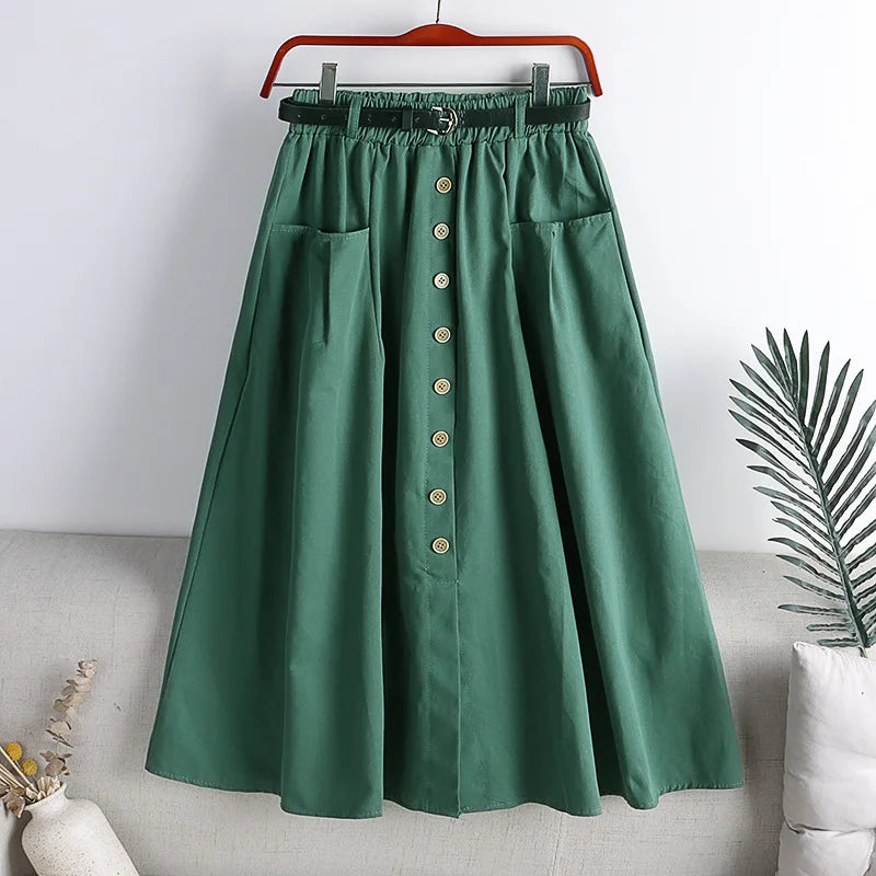 Cotton Single Breasted Skirt Women Spring 2024 Autumn Fashion High Waist Pleated Skirt Female A Line Skirt With Belt