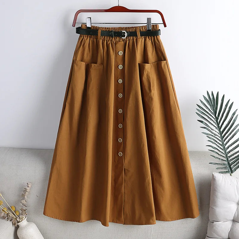 Cotton Single Breasted Skirt Women Spring 2024 Autumn Fashion High Waist Pleated Skirt Female A Line Skirt With Belt