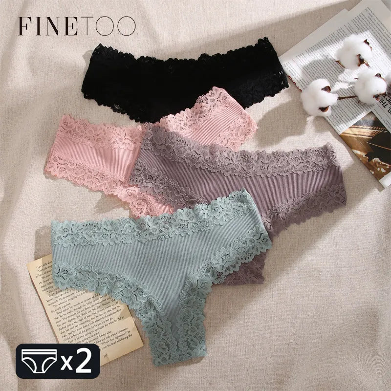 FINETOO 2PCS Women's Cotton Underwear Lace Floral Panties Low Rise