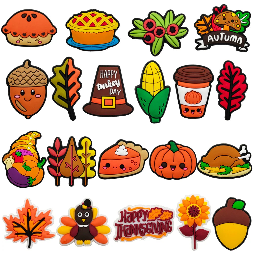 3-20Pcs ThanksGiving PVC Shoes Charms Pumpkin Corn Cake Sandals Buckle Accessories Shoe Decorations Unisex Gifts