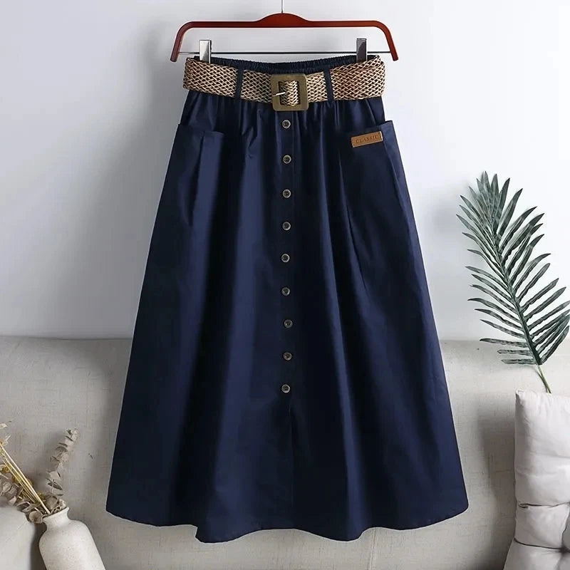 Belted Elastic Waist Cotton Summer Skirts Mid Length A-Line Skirt