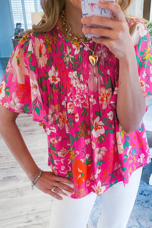 Pink Floral Short Sleeve Smocked Blouse