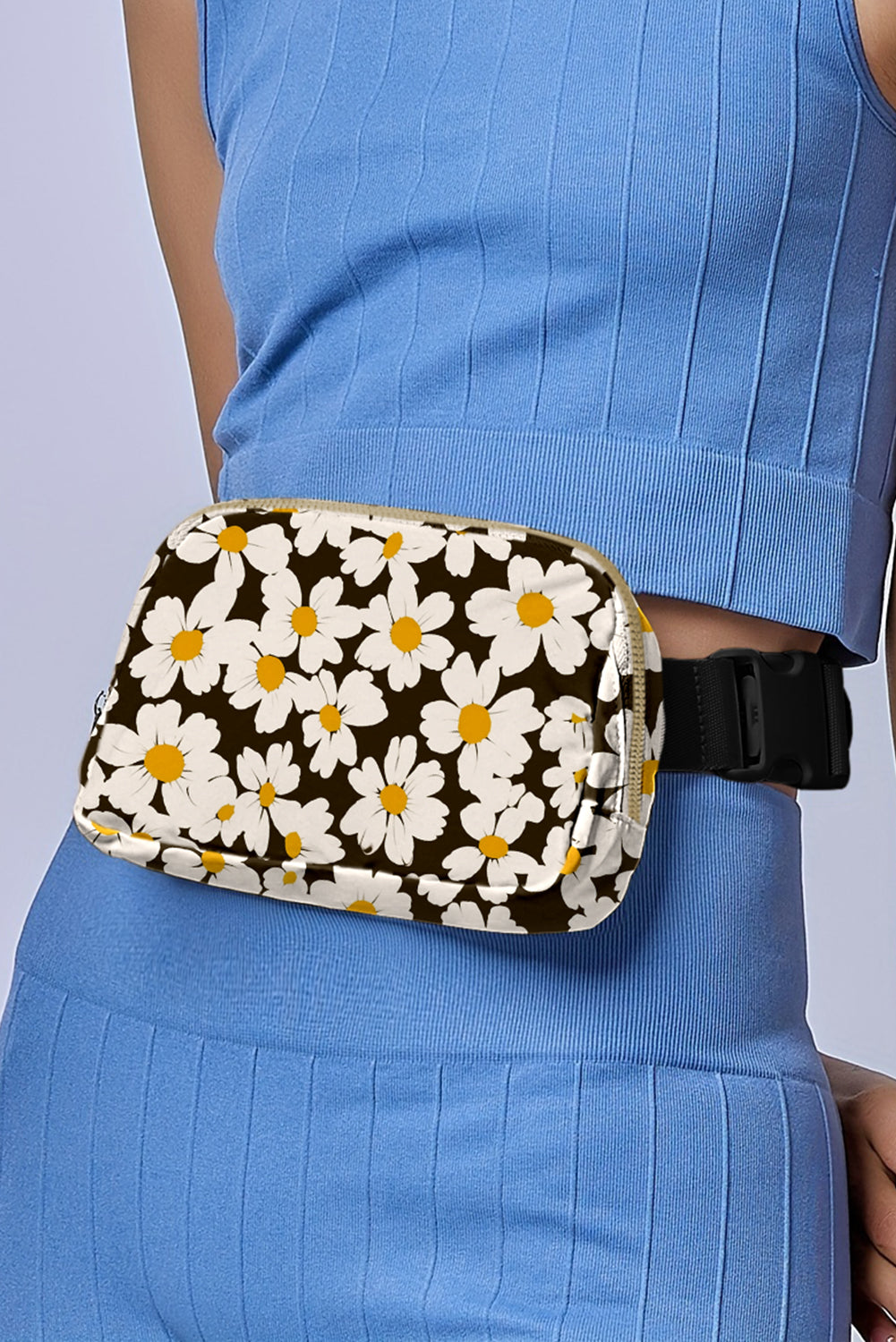 Black Daisy Printed Buckle Strap Crossbody Bag